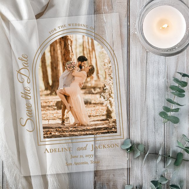 Invitations En Acrylique Arched Photo Elegant Script Save the Date (Arched Photo Elegant Script "Save the Date" Acrylic Announcement - Natural Text and Accents)