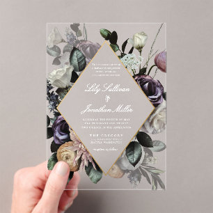 Invitations En Acrylique Automne Sombre Moody Cadre Floral Violet Mariage