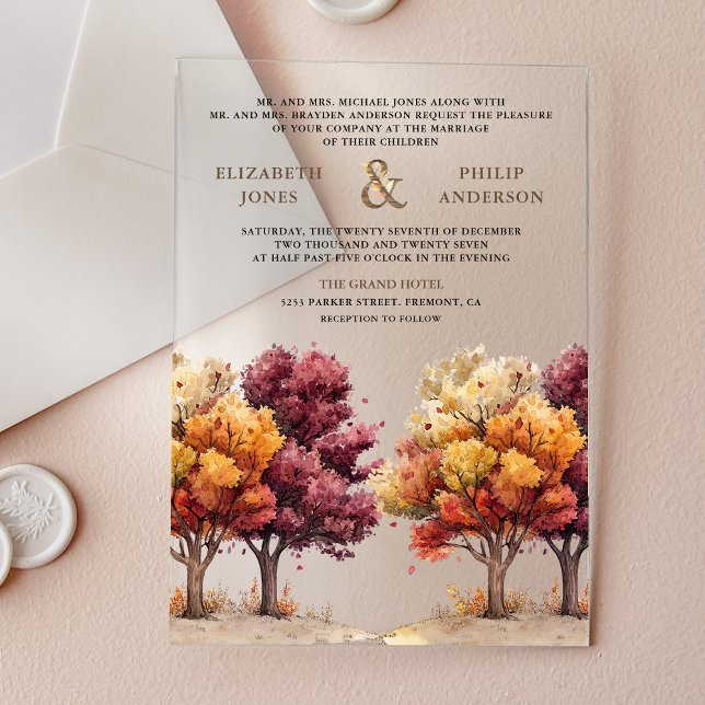 Invitations En Acrylique Autumn Fall Burgundy Trees Wedding (Créateur téléchargé)