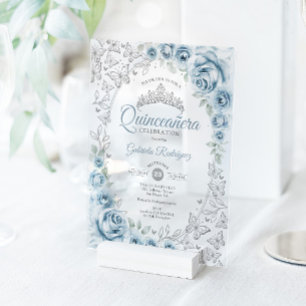 Invitations En Acrylique Baby Blue Argent Floral Quinceanera