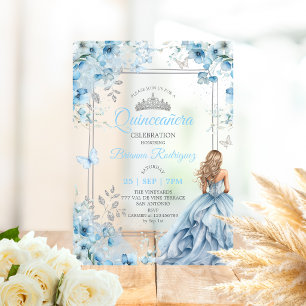 Invitations En Acrylique Baby Blue et papillon floral argenté Quinceañera