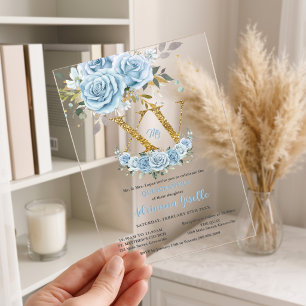 Invitations En Acrylique Baby Blue Floral Gold XV Quinceañera Quinze 15