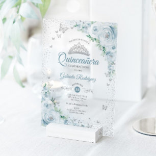 Invitations En Acrylique Baby Blue Roses Florales Aquarelle Quinceanera