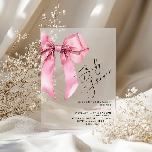 Invitations En Acrylique Baby shower à bow rose (Créateur téléchargé)