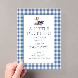 Invitations En Acrylique Baby Shower à carreaux bleus Canard