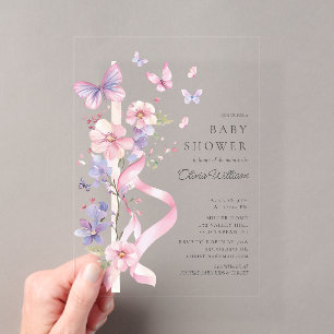 Invitations En Acrylique Baby shower à papillon en fleurs et en creux