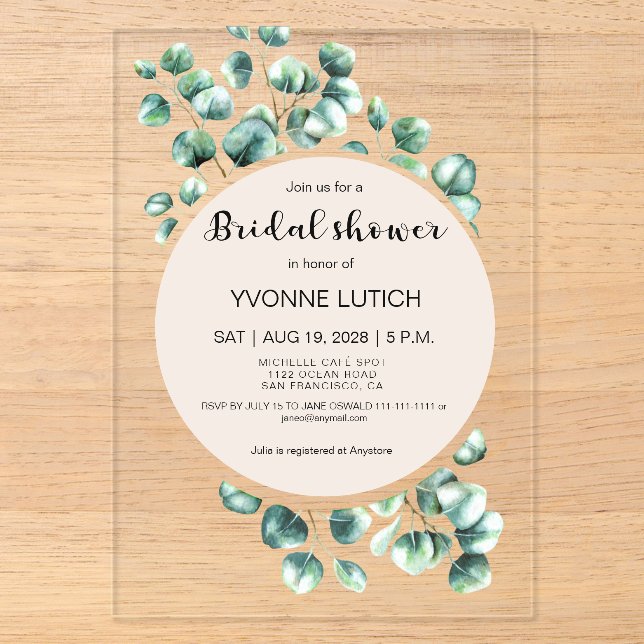 Invitations En Acrylique Baby Shower aux feuilles d'eucalyptus (Recto)