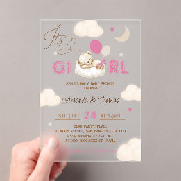 Invitations En Acrylique Baby shower Boho Ours Rose