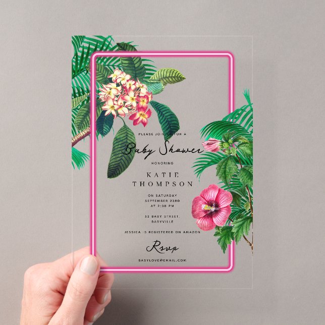 Invitations En Acrylique Baby shower botanique tropicale rose Neon (In situ (ordinateur de poche))