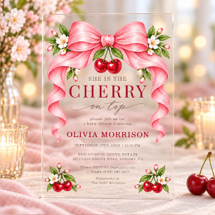 Invitations En Acrylique Baby Shower Cerise sur le dessus Ruban Rose
