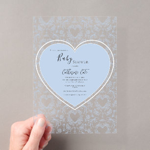 Invitations En Acrylique Baby Shower Cœur Fantaisiste Fleur Bleu 