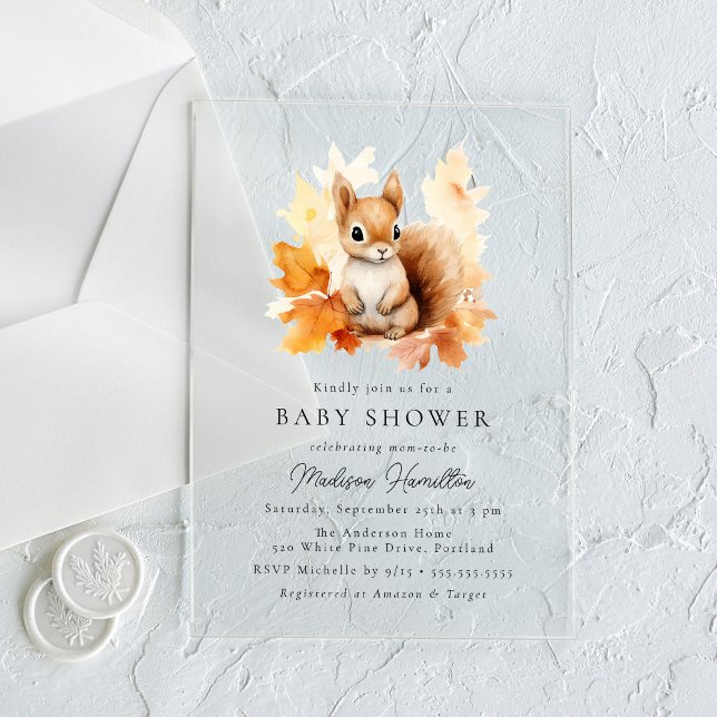 Invitations En Acrylique Baby shower d'automne d'écureuil en bois mignon (Créateur téléchargé)