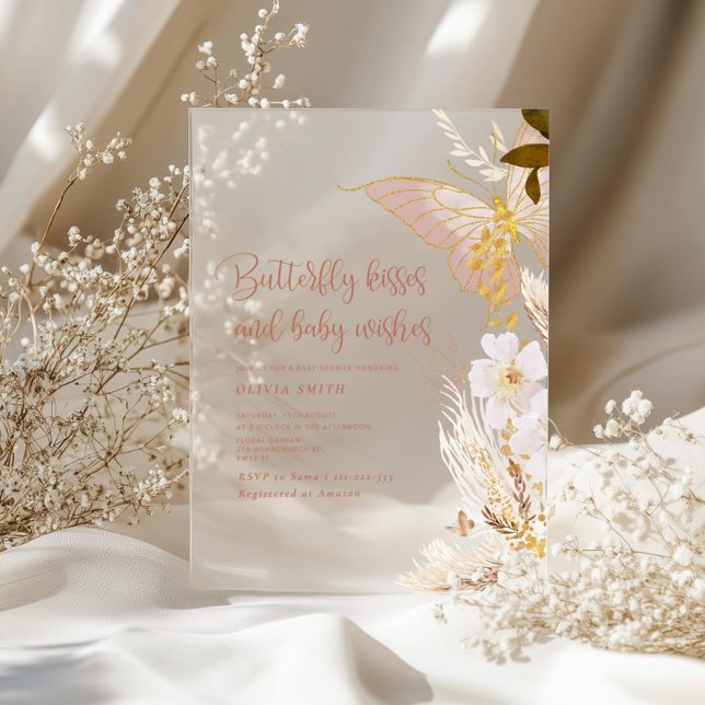 Invitations En Acrylique Baby shower de baisers Gold Boho Butterfly (Créateur téléchargé)