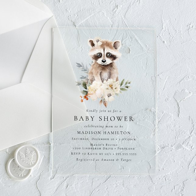 Invitations En Acrylique Baby shower d'hiver du Raccoon Aquarelle Cute (Créateur téléchargé)