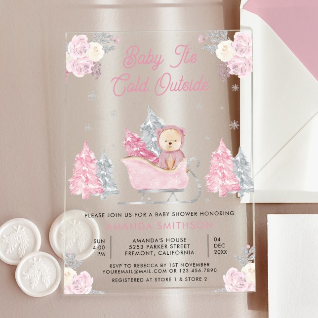 Invitations En Acrylique Baby shower d'ours en peluche rose (Créateur téléchargé)