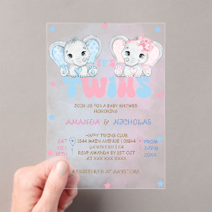 Invitations En Acrylique Baby shower Eléphants Jumeaux Garçon Fille