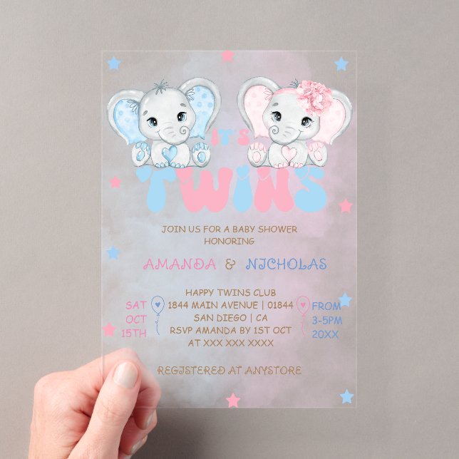 Invitations En Acrylique Baby shower Eléphants Jumeaux Garçon Fille (In situ (ordinateur de poche))