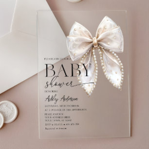 Invitations En Acrylique Baby Shower Fille au Ruban Perlé