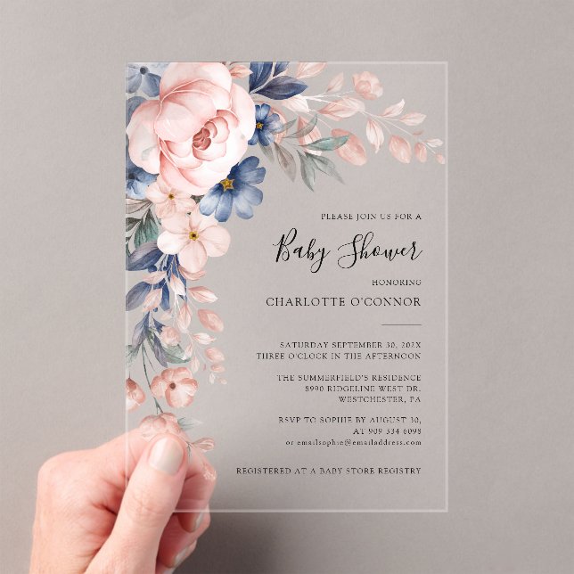 Invitations En Acrylique Baby Shower Fille Élégante Fleur Rose (In situ (ordinateur de poche))