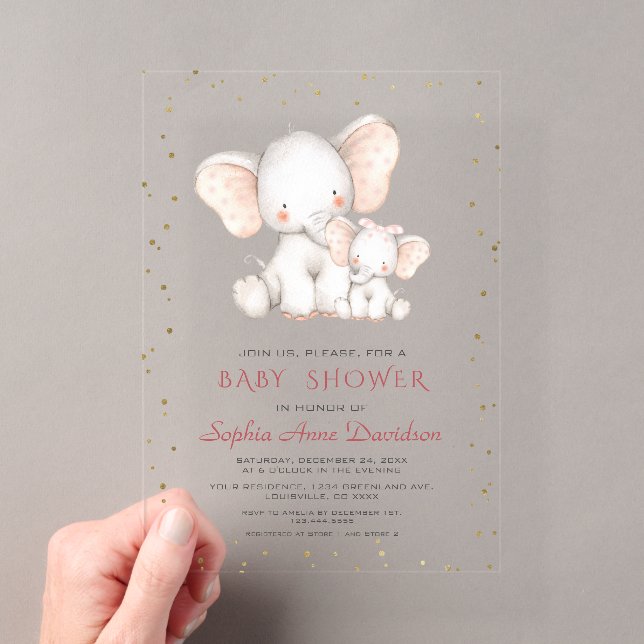 Invitations En Acrylique Baby shower fille Eléphant à l'aquarelle mignonne (In situ (ordinateur de poche))