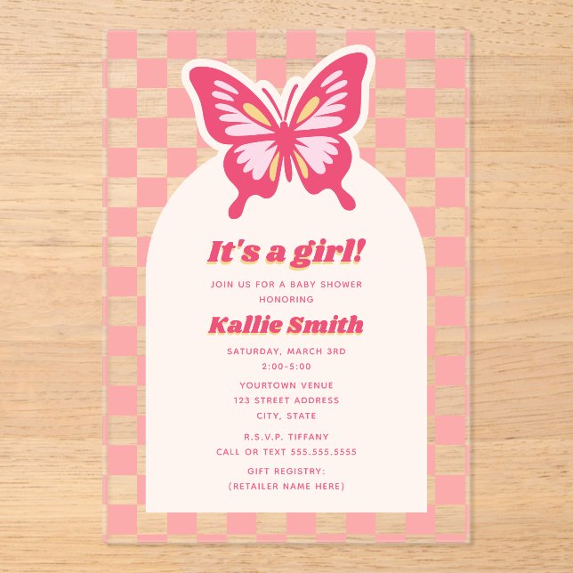 Invitations En Acrylique Baby shower fille en carton rose papillon (Recto)
