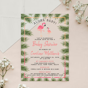 Invitations En Acrylique Baby Shower Flamant Rose Aquarelle Palmiers Tropic