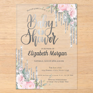 Invitations En Acrylique Baby Shower Fleur Rose Gold aux Gouttes d'Argent