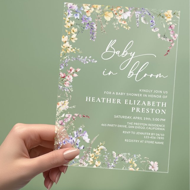 Invitations En Acrylique Baby shower Fleur sauvage Baby In Bloom (Créateur téléchargé)