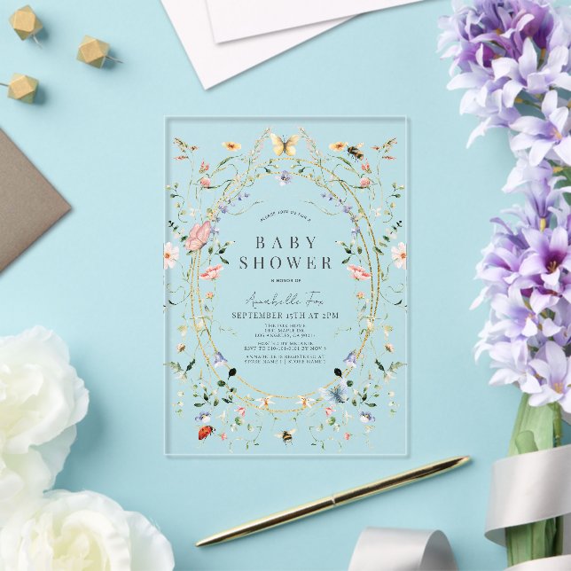 Invitations En Acrylique Baby shower fleur sauvage d'aquarelle de papillon (Insitu (Mariage))