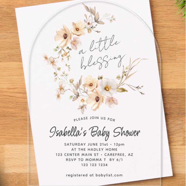 Invitations En Acrylique Baby shower fleur sauvage Little Blessing (Créateur téléchargé)