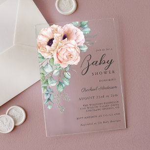 Invitations En Acrylique Baby Shower Floral Aquarelle Rose Féminin