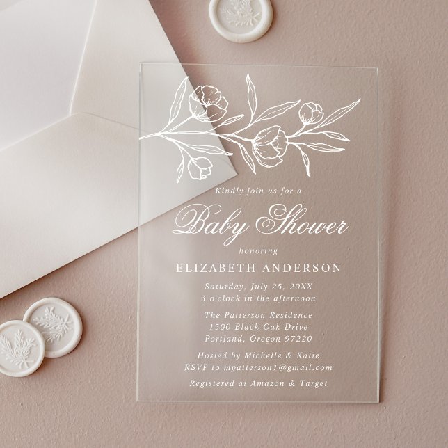 Invitations En Acrylique Baby shower floral blanc esquissé (Créateur téléchargé)