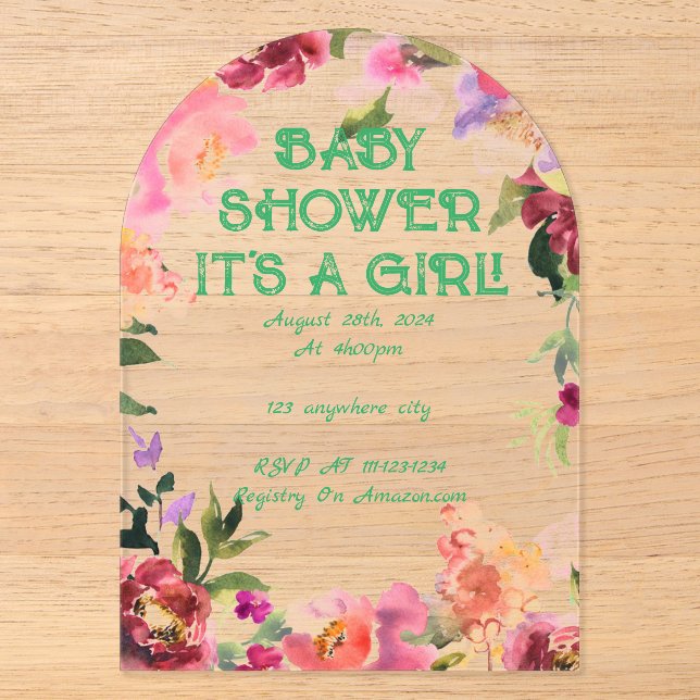 INVITATIONS EN ACRYLIQUE BABY SHOWER FLORAL BLUSH (Recto)
