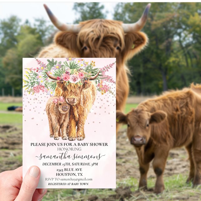 Invitations En Acrylique Baby shower floral de vache rose Highland (Créateur téléchargé)