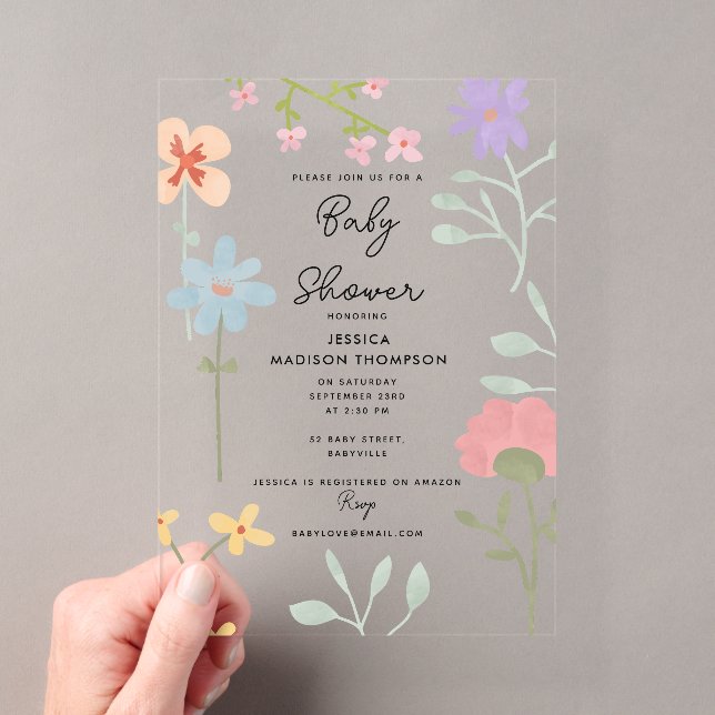 Invitations En Acrylique Baby shower Floral Fleur sauvage aquarelle (In situ (ordinateur de poche))