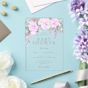 Invitations En Acrylique Baby shower Floral pourpre