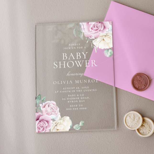 Invitations En Acrylique Baby shower floral rose et blanc bébé (Créateur téléchargé)