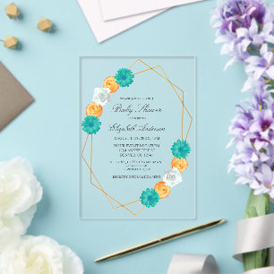 Invitations En Acrylique Baby shower géométrique Turquoise orange