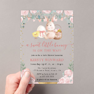 Invitations En Acrylique Baby Shower Lapin Aquarelle et Fleurs Roses