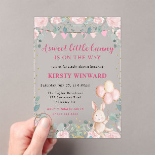 Invitations En Acrylique Baby Shower Lapin Aquarelle et Fleurs Roses