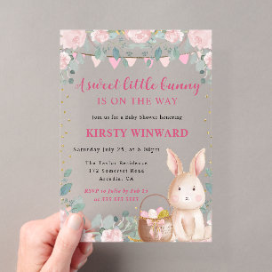 Invitations En Acrylique Baby Shower Lapin Aquarelle et Fleurs Roses