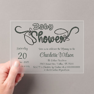 Invitations En Acrylique Baby-Shower Moderne Vert Foncé