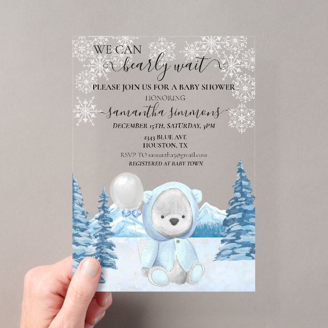 Invitations En Acrylique Baby shower Ours en peluche d'hiver (In situ (ordinateur de poche))
