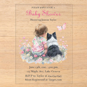 Invitations En Acrylique Baby shower rose pour fille thème chien