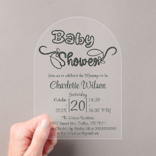 Invitations En Acrylique Baby-Shower Vertical Moderne Vert Foncé