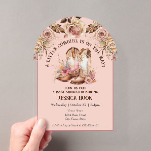 Invitations En Acrylique Baby-Shower Western Boho Rose Fleurie