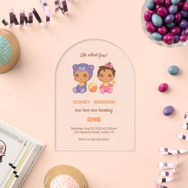 Invitations En Acrylique Baby Twins Premier anniversaire fille ours Jumpsui (Insitu (Célébration))