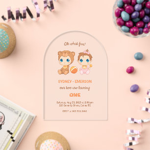 Invitations En Acrylique Baby Twins Premier anniversaire fille ours transpa
