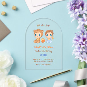 Invitations En Acrylique Baby Twins Premier anniversaire Garçon ours transp