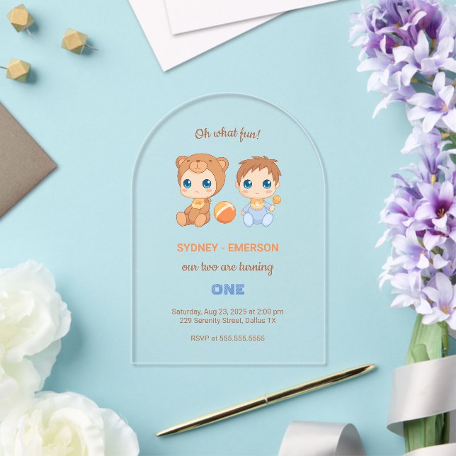 Invitations En Acrylique Baby Twins Premier anniversaire Garçon ours transp (Insitu (Mariage))
